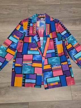 Vintage 70s Barrie Stephens Abstract Geometric Memphis Art Blazer Jacket Size 14